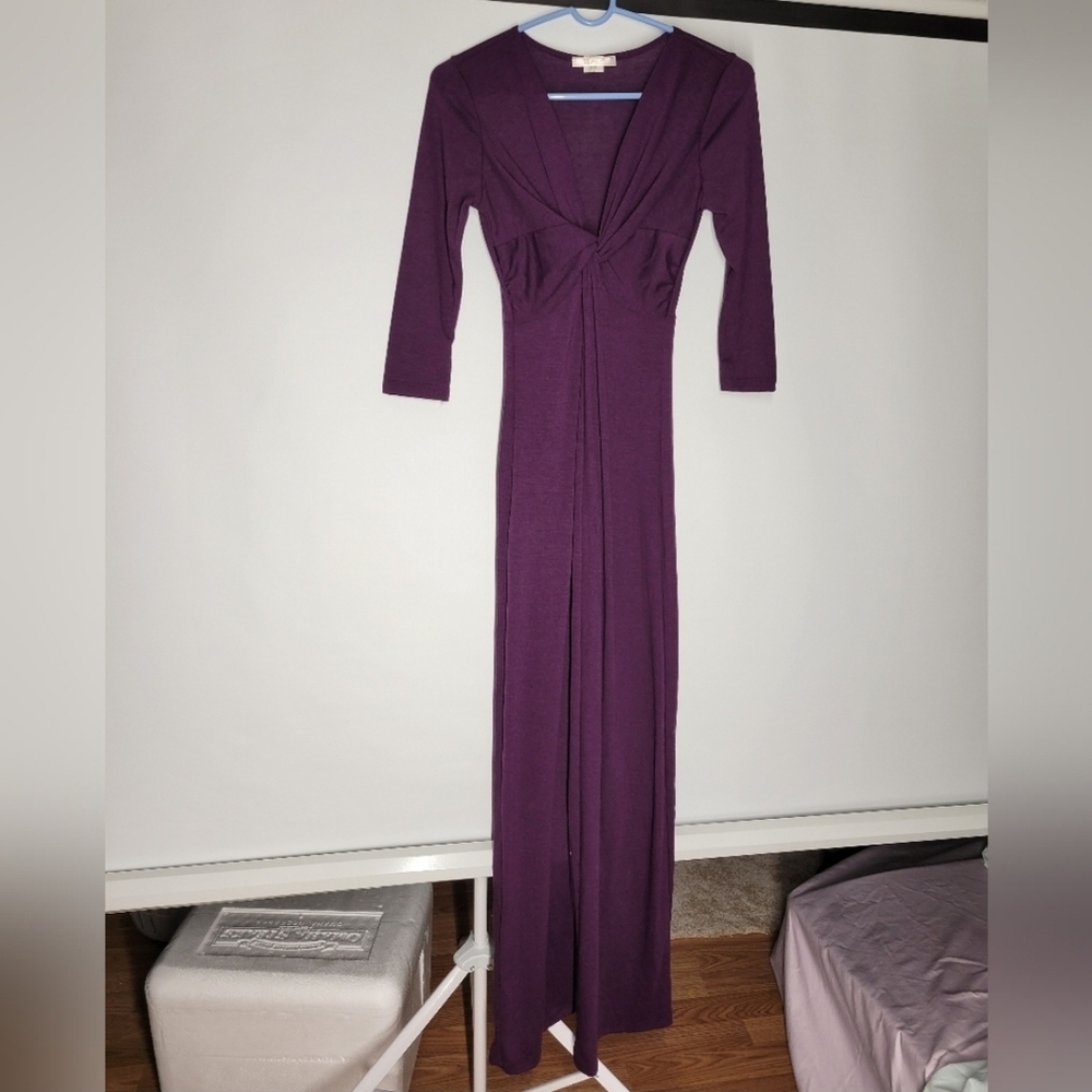 Elegant Purple Maxi Dress With Quarter Sleeves